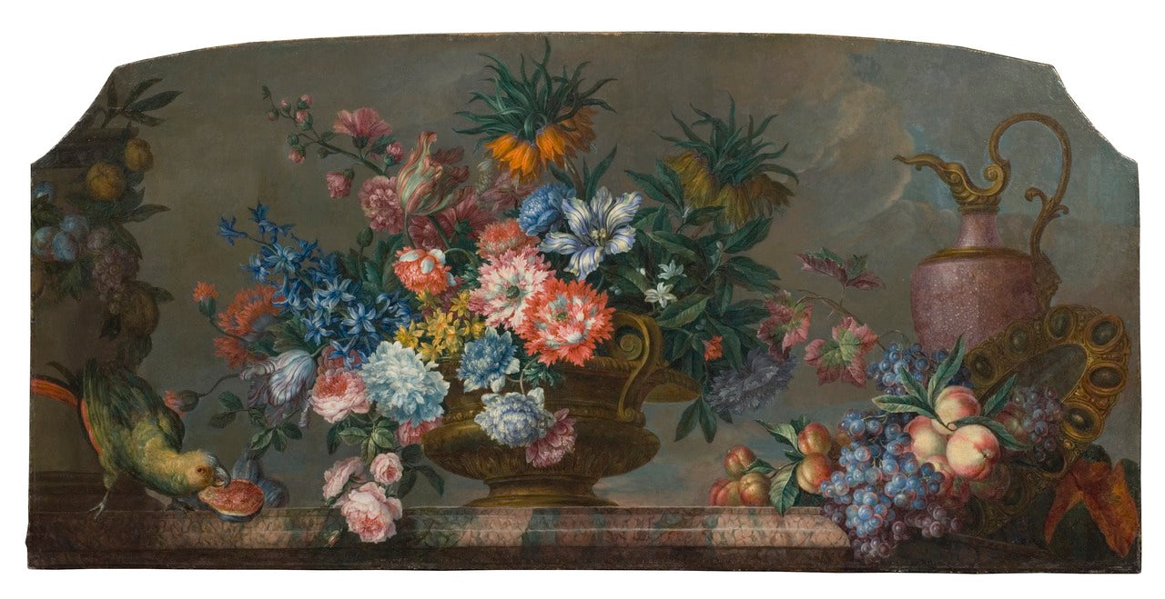 Flowerpiece with Vases and a Parrot, vintage artwork by Antoine Monnoyer, 12x8" (A4) Poster