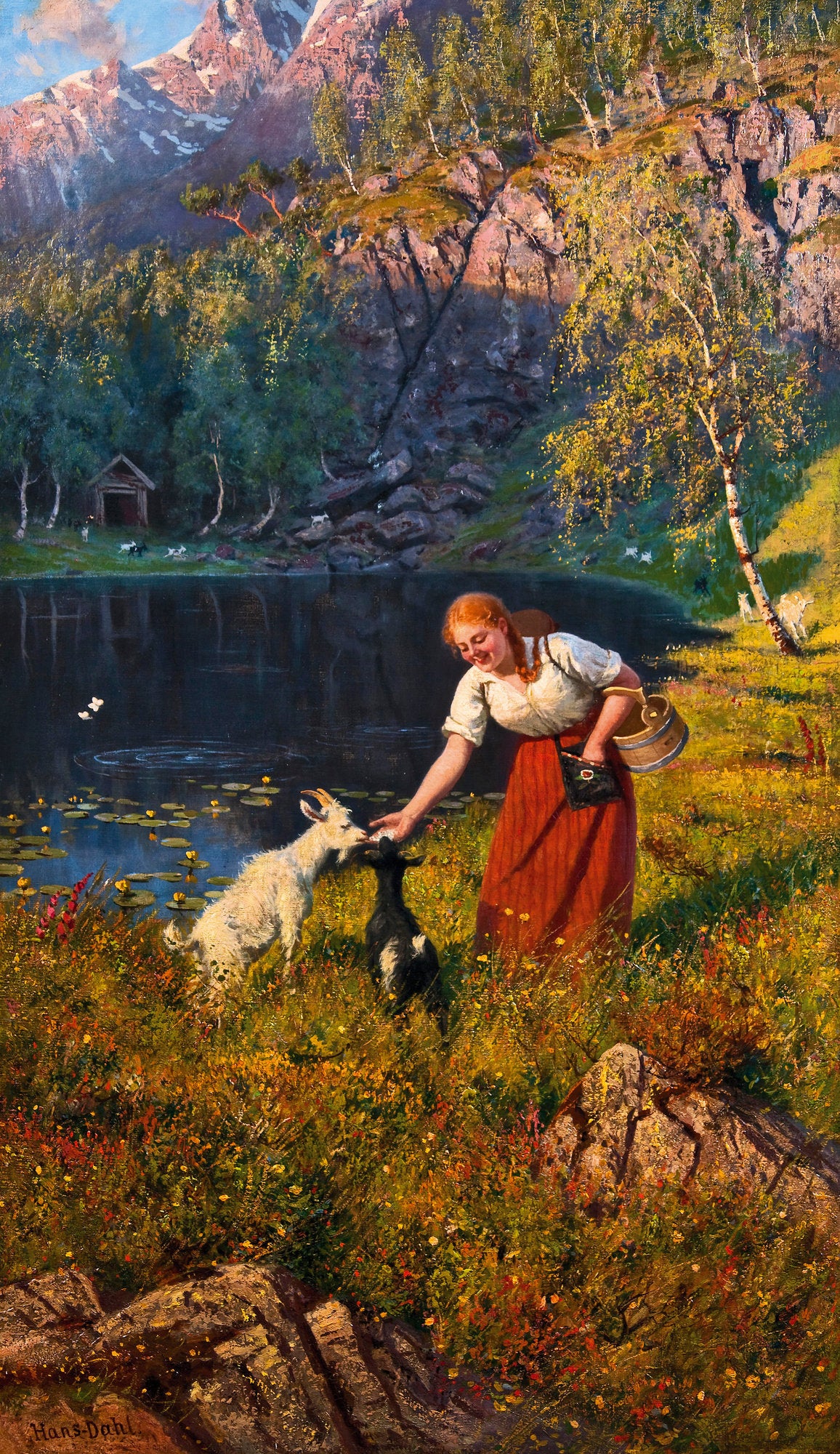 Milkmaid with goats, vintage artwork by Hans Dahl, 12x8" (A4) Poster