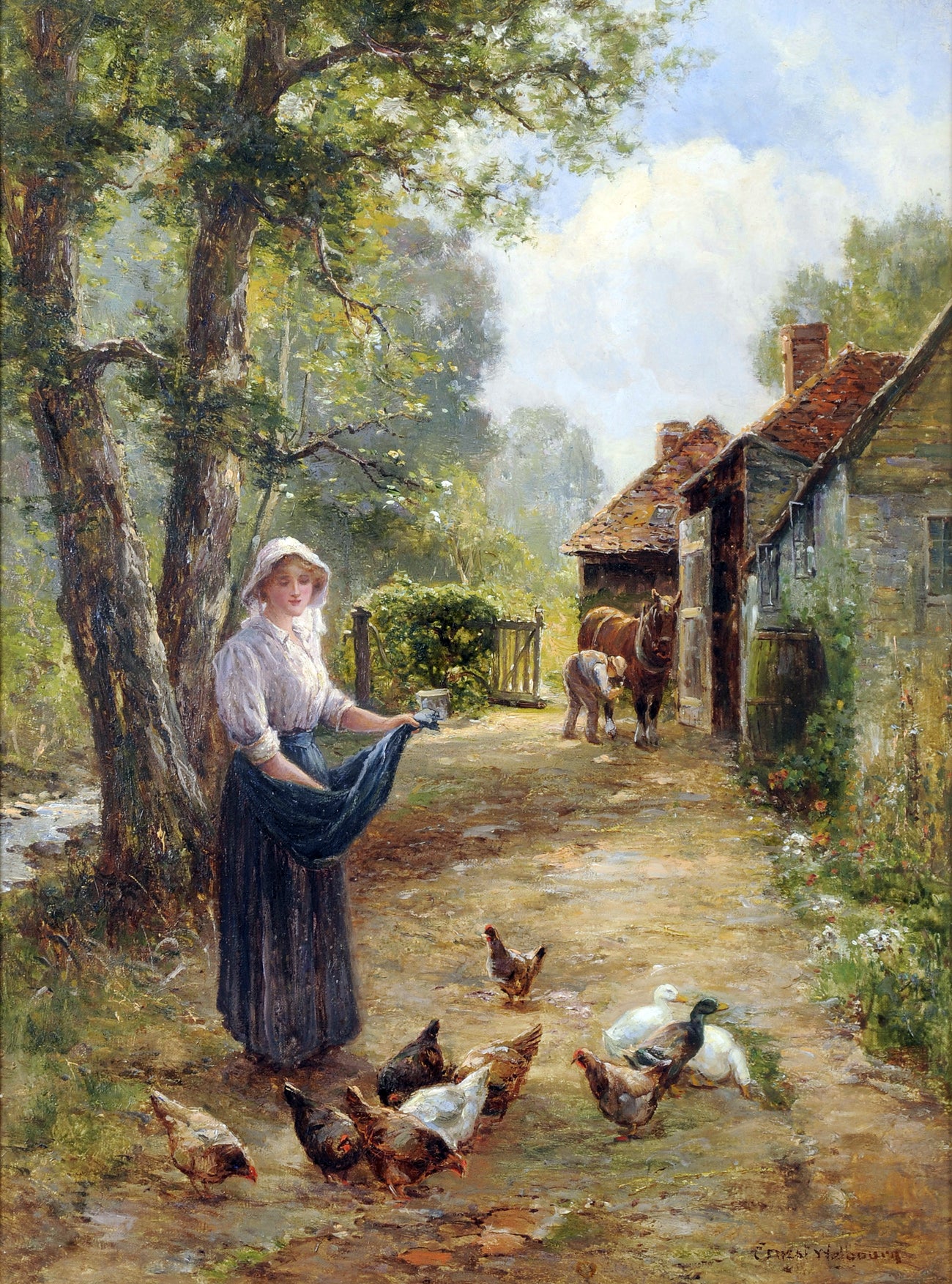 Feeding the Chickens, vintage artwork by Charles Edward Wilson, 12x8" (A4) Poster