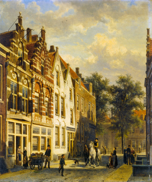 Figures on a Sunlit Street in a Dutch Town, vintage artwork by Cornelis Springer, A3 (16x12") Poster Print