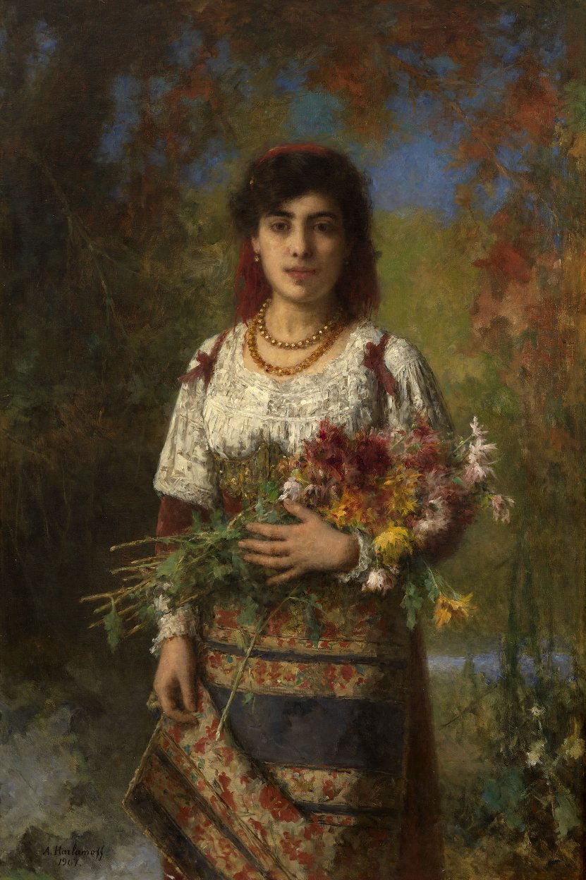 Gypsy Girl with Flowers, vintage artwork by Alexei Harlamoff, 12x8" (A4) Poster