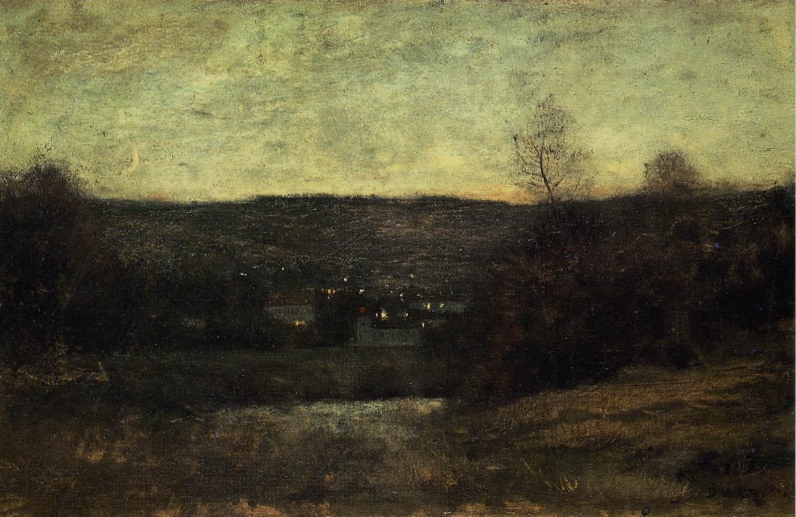 A Lighted Village, vintage artwork by Dwight W. Tryon, 12x8" (A4) Poster