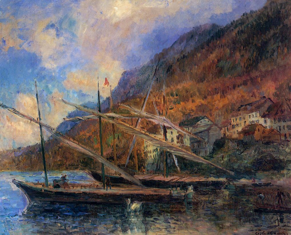 Boats by  the Banks of Lake Geneva at Saint-Gingolph, vintage artwork by Albert Lebourg, 12x8" (A4) Poster