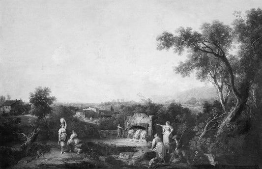 Landscape with Peasants at a Fountain, vintage artwork by Francesco Zuccarelli, 12x8" (A4) Poster