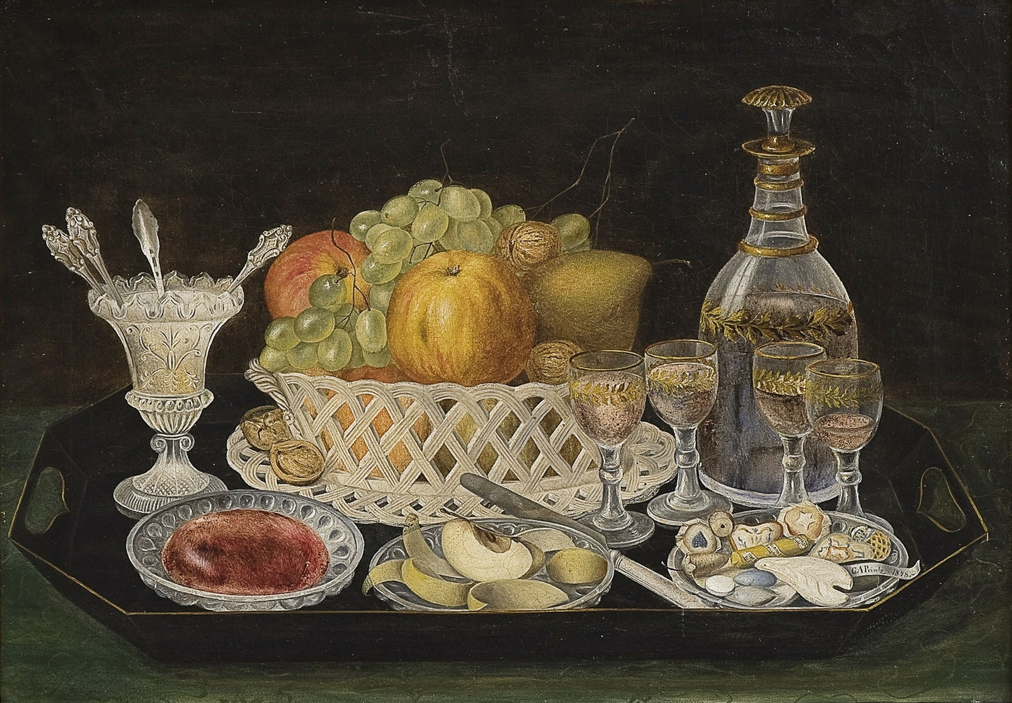 Table with fruit basket and dessert, vintage artwork by Christian August Printz, A3 (16x12") Poster Print