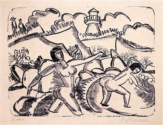 Bathers with Dunes and Lighthouse, vintage artwork by Ernst Ludwig Kirchner, 12x8" (A4) Poster