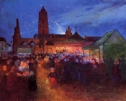 July 14th Fireworks at Bourg-de-Batz, vintage artwork by Ferdinand du Puigaudeau, 12x8" (A4) Poster