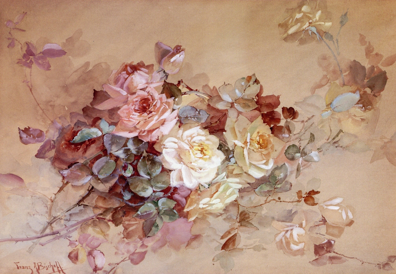 Pink and Yellow Roses, vintage artwork by Franz Bischoff, 12x8" (A4) Poster
