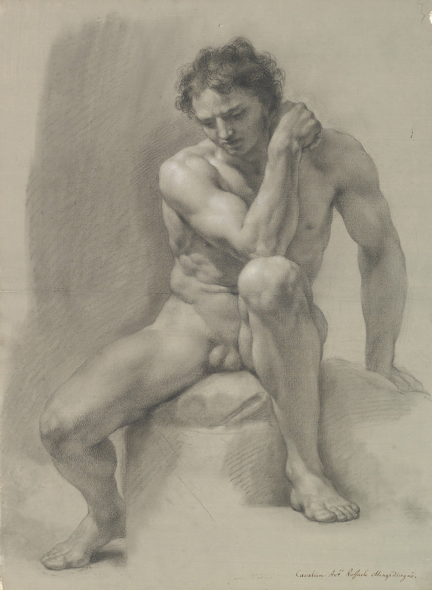 Seated Nude Male, vintage artwork by Anton Raphael Mengs, 12x8" (A4) Poster