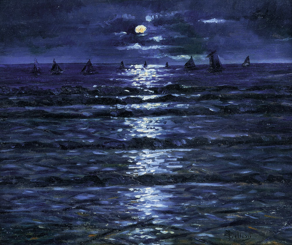 Full Moon on the Sea, vintage artwork by Giorgio Belloni, 12x8" (A4) Poster