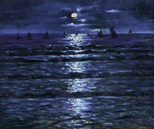 Full Moon on the Sea, vintage artwork by Giorgio Belloni, 12x8" (A4) Poster