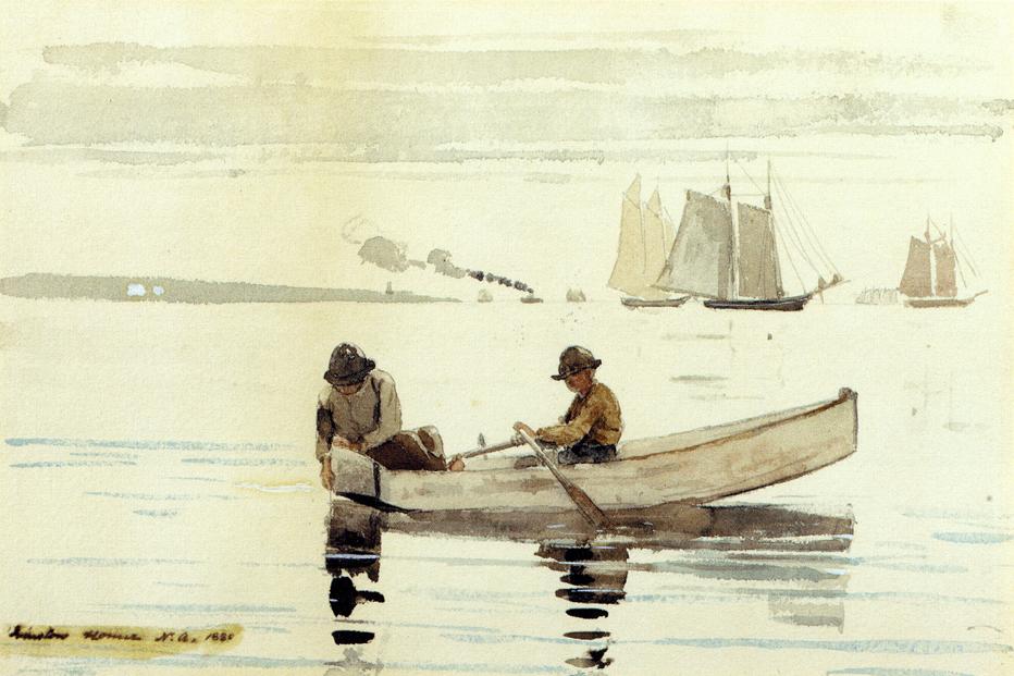Boys Fishing, Gloucester Harbor, vintage artwork by Winslow Homer, 12x8" (A4) Poster
