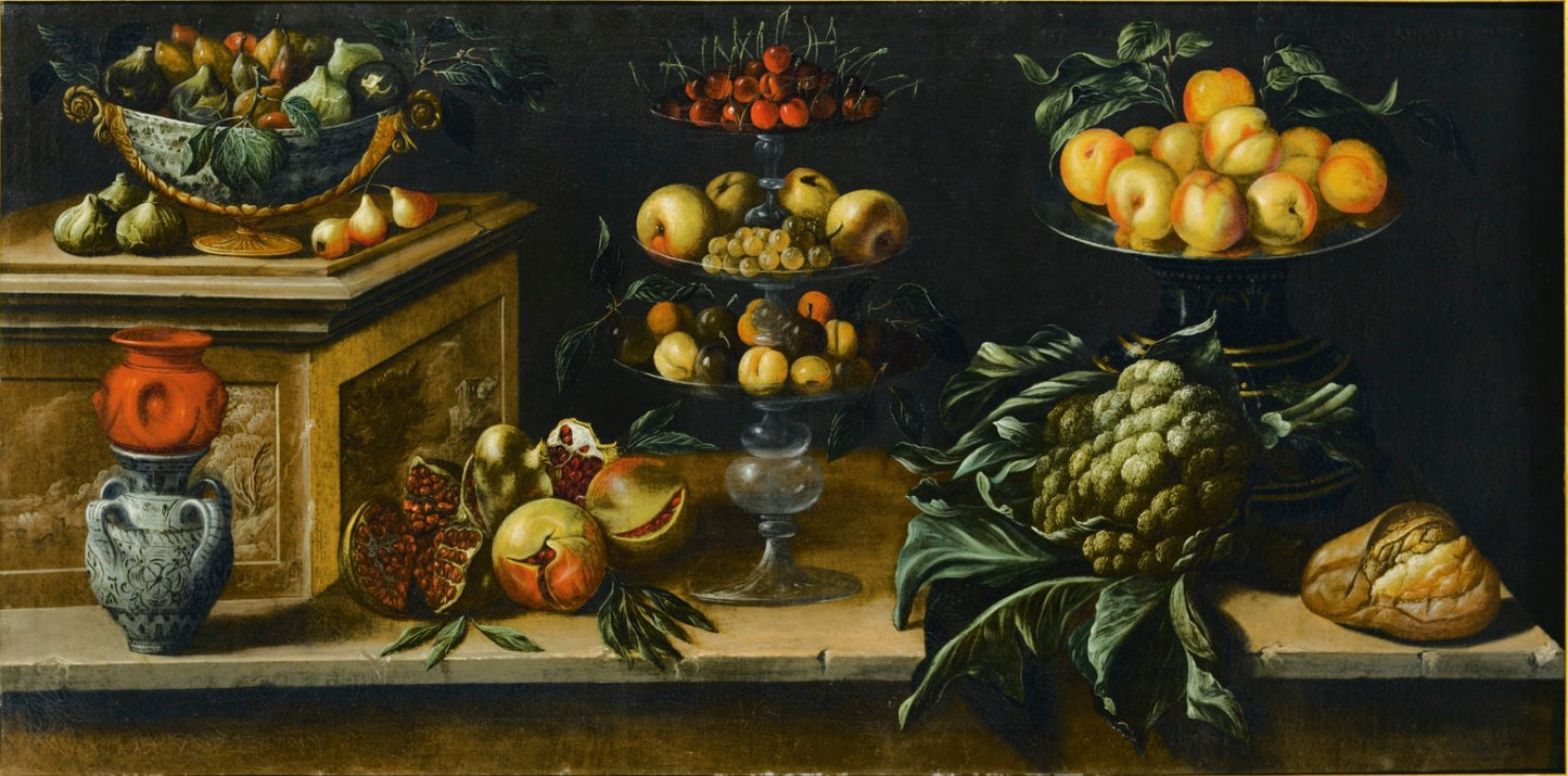 Still Life with Fruit, Cauliflower, Bread and Vessels, vintage artwork by Juan Bautista de Espinosa, 12x8" (A4) Poster