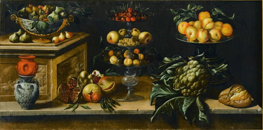 Still Life with Fruit, Cauliflower, Bread and Vessels, vintage artwork by Juan Bautista de Espinosa, 12x8" (A4) Poster