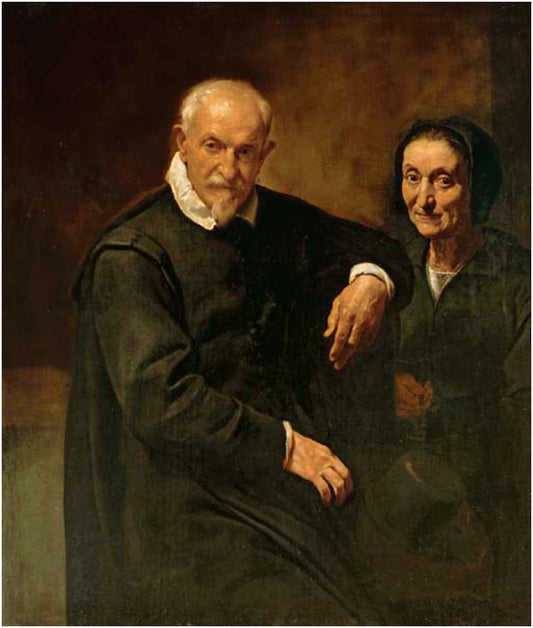 Portrait of a seated gentleman and a lady holding a rosary, vintage artwork by Simone Cantarini, 12x8" (A4) Poster