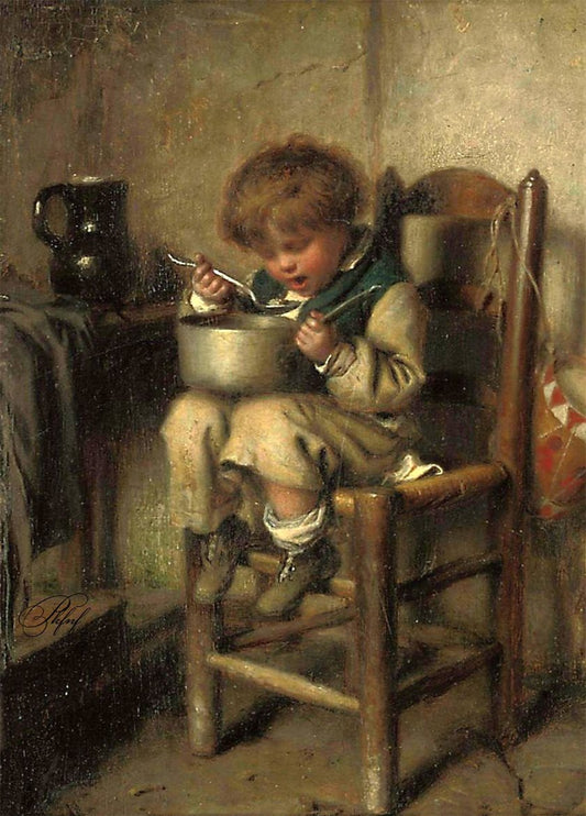 A boy eating porridge, vintage artwork by Charles Moreau, 12x8" (A4) Poster