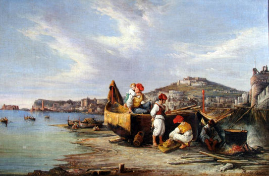 Fisherfolk on the Beach, vintage artwork by Gonsalvo Carelli, A3 (16x12") Poster Print