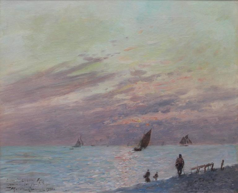 The Beach at Saint Adresse, France, vintage artwork by Maurice Courant, 12x8" (A4) Poster