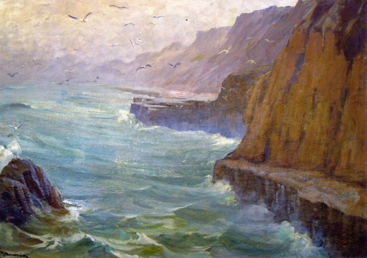 Misty Seacliffs, vintage artwork by Jean Mannheim, 12x8" (A4) Poster