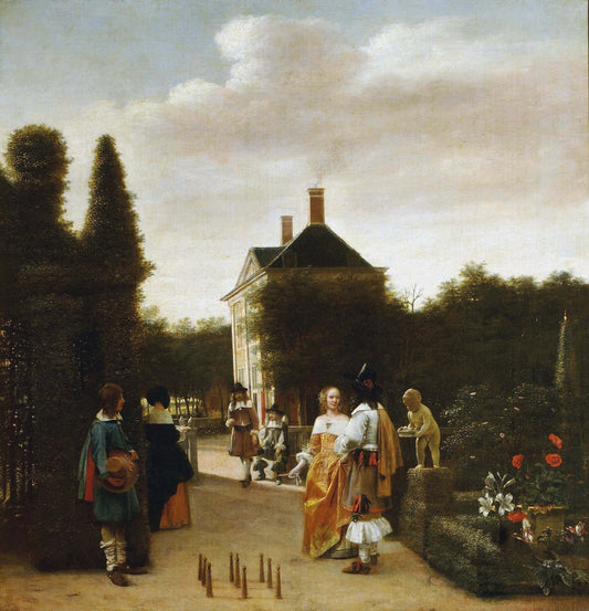 Skittle Players in a Garden, vintage artwork by Pieter de Hooch, 12x8" (A4) Poster