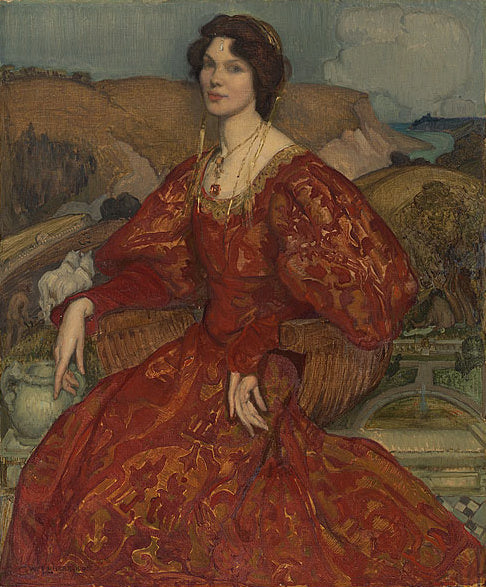 Sybil Waller in a Red and Gold Dress, vintage artwork by George W. Lambert, 12x8" (A4) Poster
