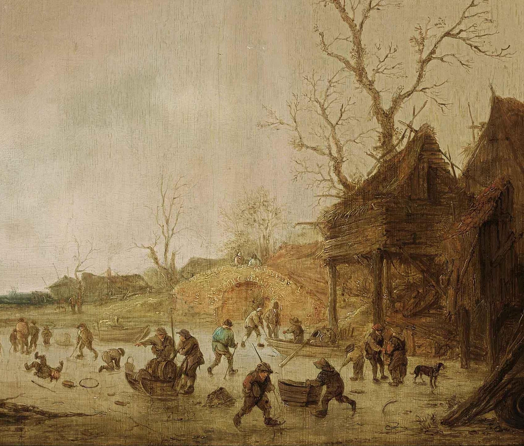 A Winter Landscape with Skaters, Children Playing Kolf, vintage artwork by Isaac van Ostade, 12x8" (A4) Poster