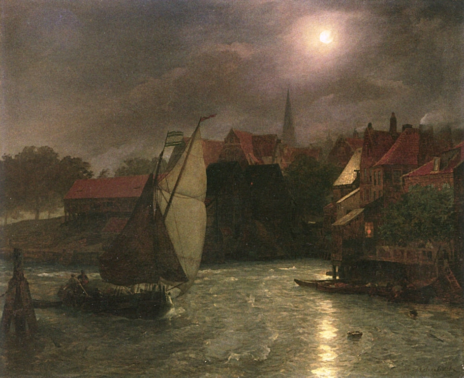 Boats on a Canal, Moonlight, vintage artwork by Andreas Achenbach, A3 (16x12") Poster Print