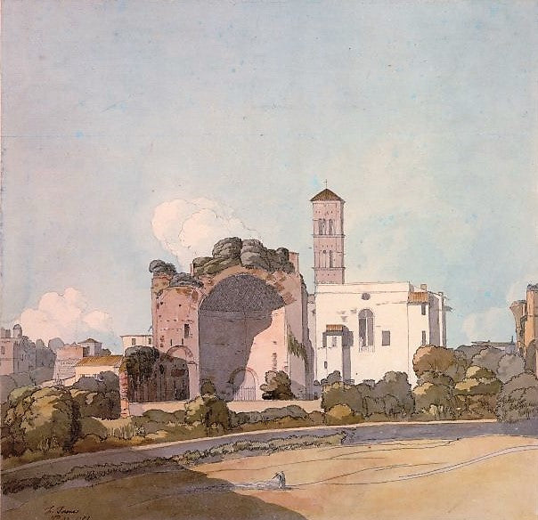 S Maria Nuova, with the Temple of the Sun and Moon, from the Colosseum, vintage artwork by Francis Towne, 12x8" (A4) Poster
