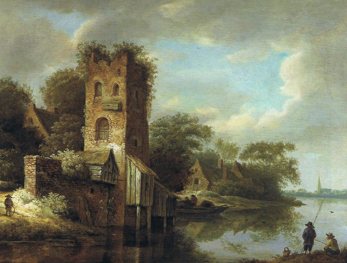 Dutch River Landscape with a Ruined Tower and Men Fishing, vintage artwork by Roelof van Vries, 12x8" (A4) Poster