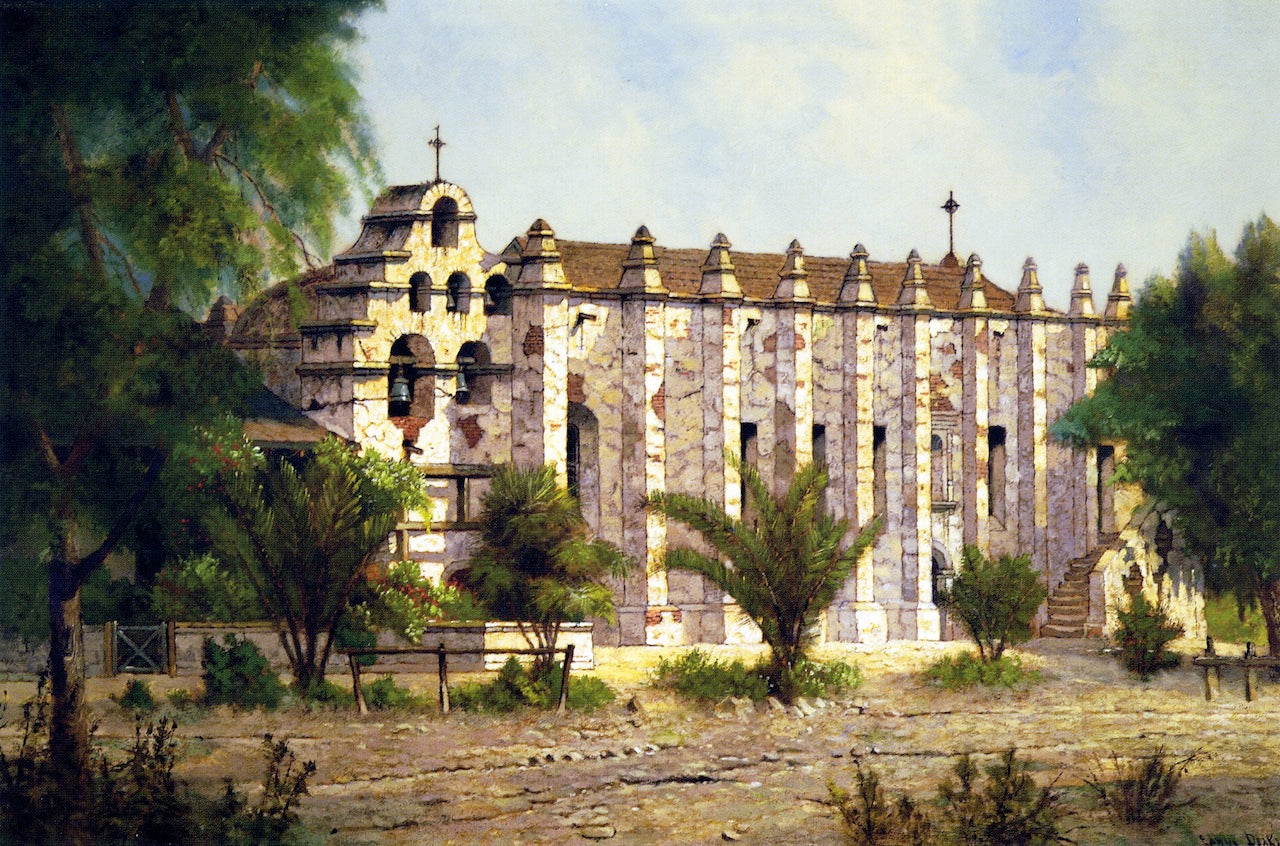 Mission San Gabriel Arcángel, vintage artwork by Edwin Deakin, 12x8" (A4) Poster