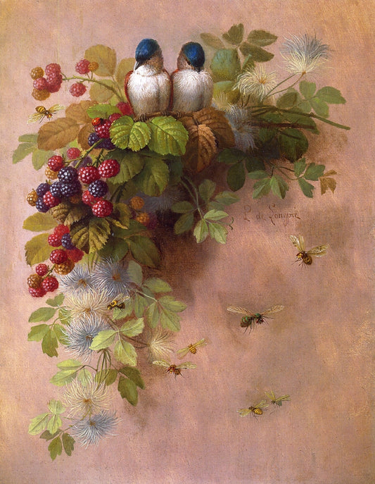 Birds, Bees and Berries, vintage artwork by Paul De Longpre, 12x8" (A4) Poster