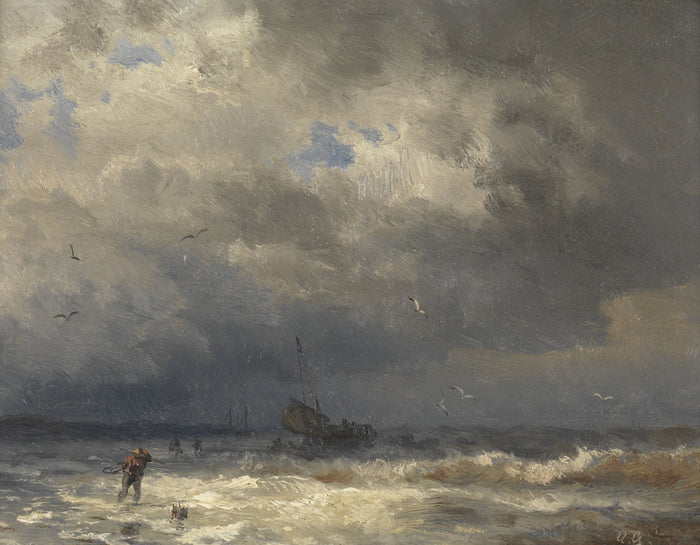 Fisherboat at Stormy Sea, vintage artwork by Andreas Achenbach, A3 (16x12