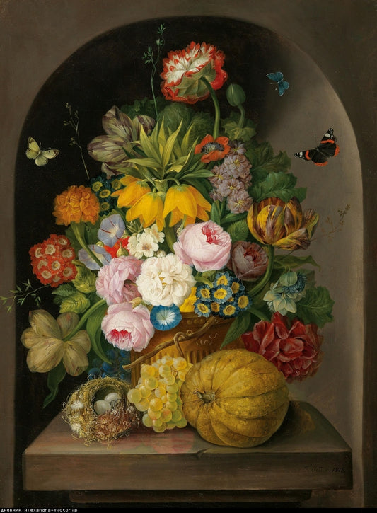 A still life of flowers with fruits and a bird nest, vintage artwork by Franz Xavier Petter, A3 (16x12") Poster Print