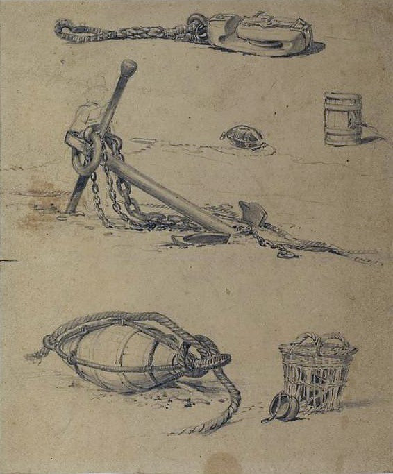 Pulley, anchor, buoys and other objects, vintage artwork by Clarkson Frederick Stanfield, A3 (16x12") Poster Print