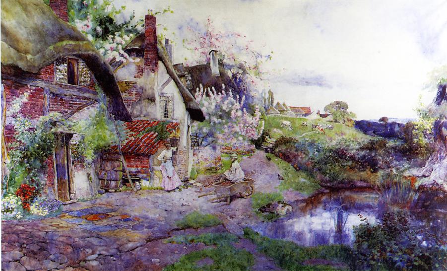 An English Idyll, Figures outside a Thatched Cottage, vintage artwork by David Woodlock, 12x8" (A4) Poster