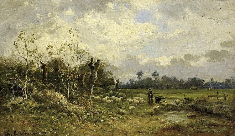 Shepard with Sheep, vintage artwork by Charles-Felix-Edouard Deshayes, 12x8" (A4) Poster