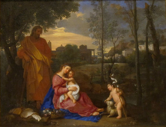 The Holy Family with Saint John the Baptist in a Classical Landscape, vintage artwork by Pierre Mignard, 12x8" (A4) Poster