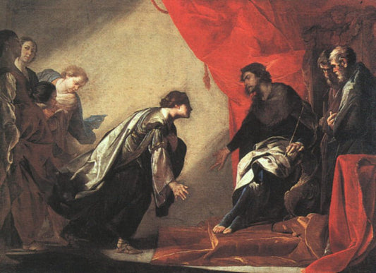 Esther and Ahaseurus, vintage artwork by Bernardo Cavallino, 12x8" (A4) Poster