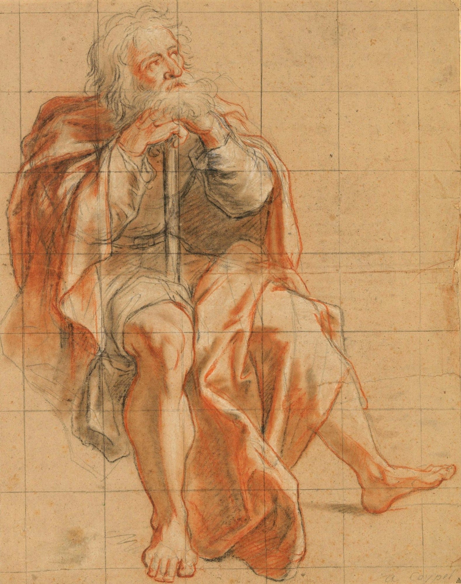 Seated Old Man Holding a Staff, vintage artwork by Antoine Coypel II, 12x8" (A4) Poster