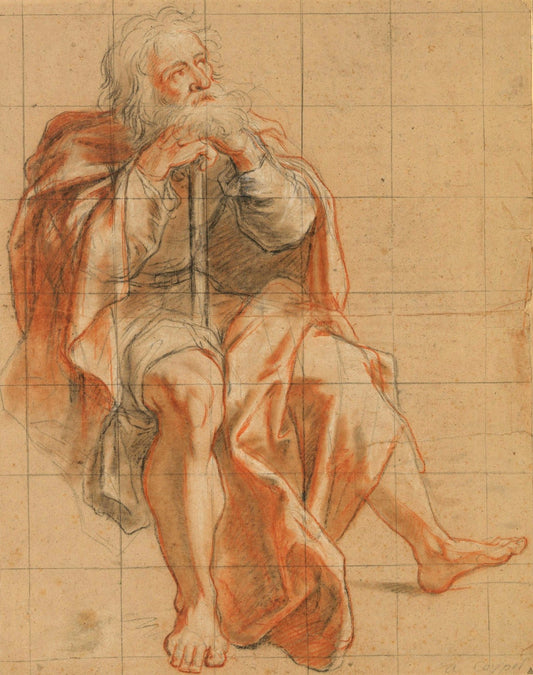 Seated Old Man Holding a Staff, vintage artwork by Antoine Coypel II, 12x8" (A4) Poster