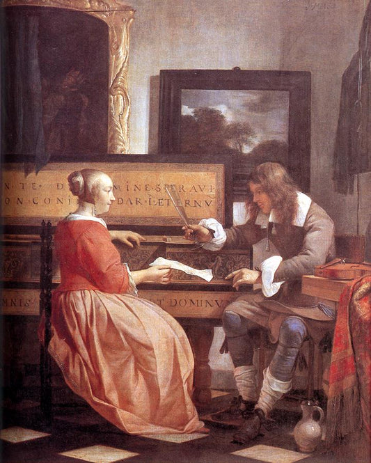 Man and Woman Sitting at the Virginal, vintage artwork by Gabriël Metsu, 12x8" (A4) Poster