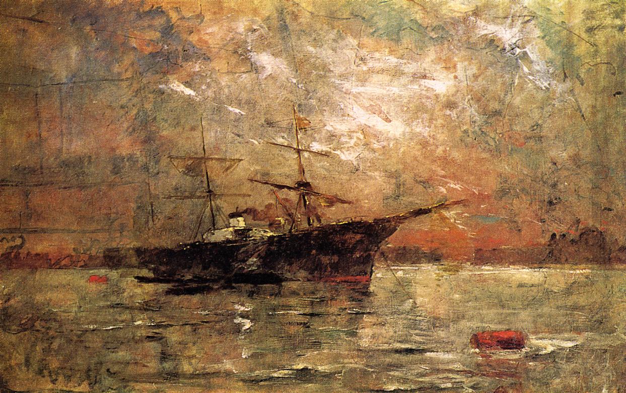 Steamer at Anchor, Twilight, Venice, vintage artwork by Frank Duveneck, 12x8" (A4) Poster