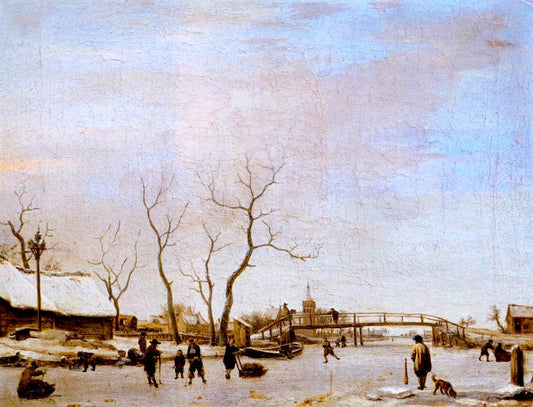 Frozen Canal with Skaters and Hockey Players, vintage artwork by Adriaen van de Velde, 12x8" (A4) Poster