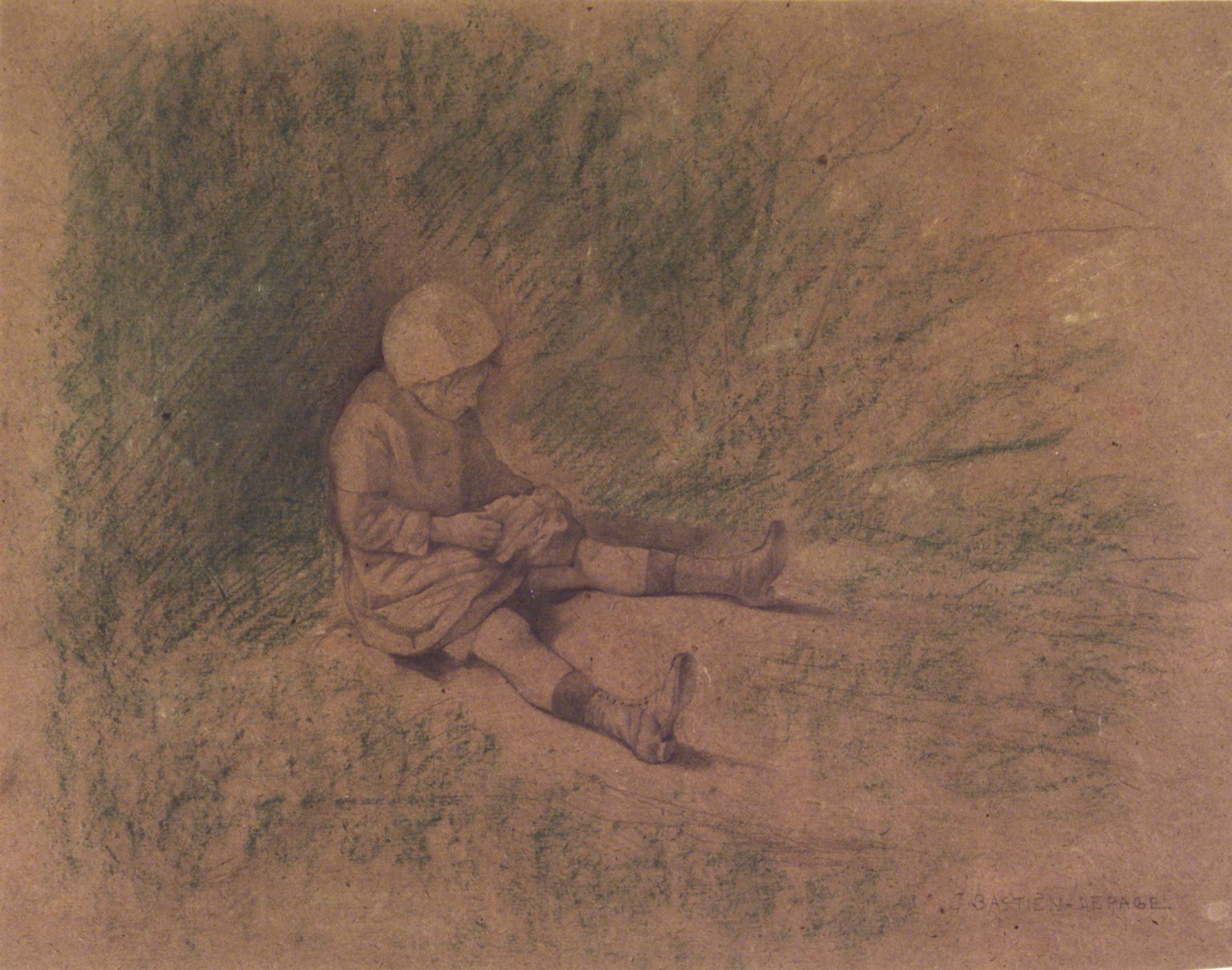 Girl Seated in the Grass (Petite fille assise), vintage artwork by Jules Bastien-Lepage, 12x8" (A4) Poster