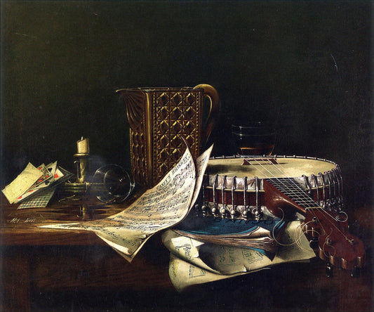 A Still Life: Banjo, Book and Cards, vintage artwork by Attributed to Thomas H. Hope, 12x8" (A4) Poster