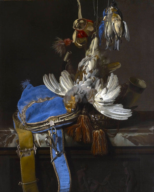 Hunt Still Life with a Velvet Bag on a Marble Ledge, vintage artwork by Willem van Aelst, 12x8" (A4) Poster