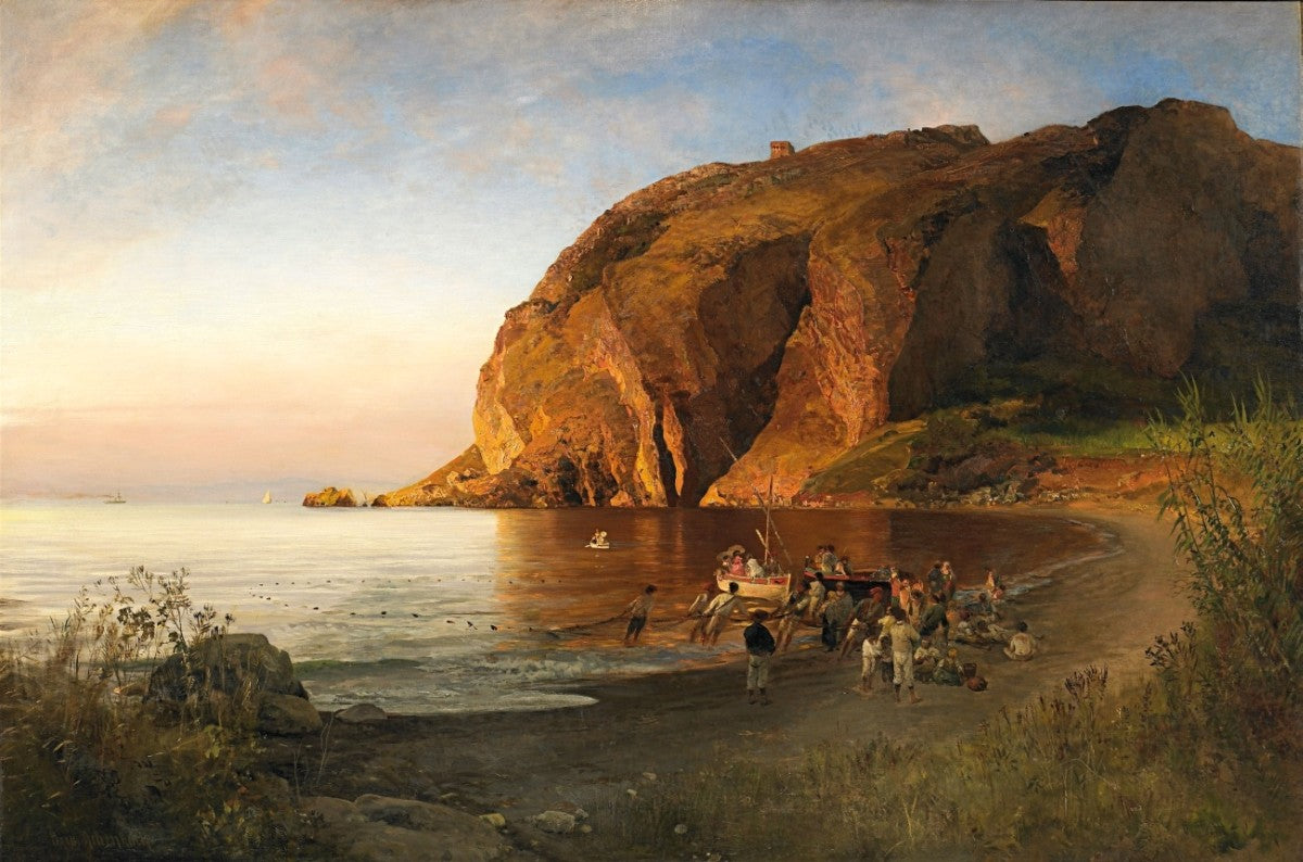 Evening Mood at the Italian Coast, vintage artwork by Oswald Achenbach, 12x8" (A4) Poster