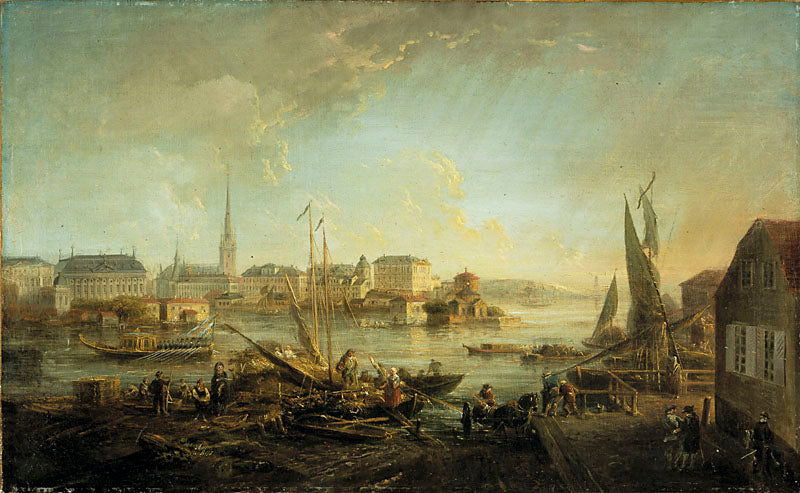View from Rödbodtorget of the Old Town and Riddarholmen, vintage artwork by Elias Martin, 12x8" (A4) Poster
