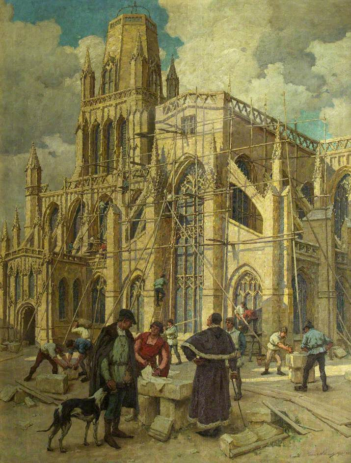 The Rebuilding of St Mary Redcliffe by  William Canynges in 1452, vintage artwork by Terrick John Williams, R.A., 12x8" (A4) Poster