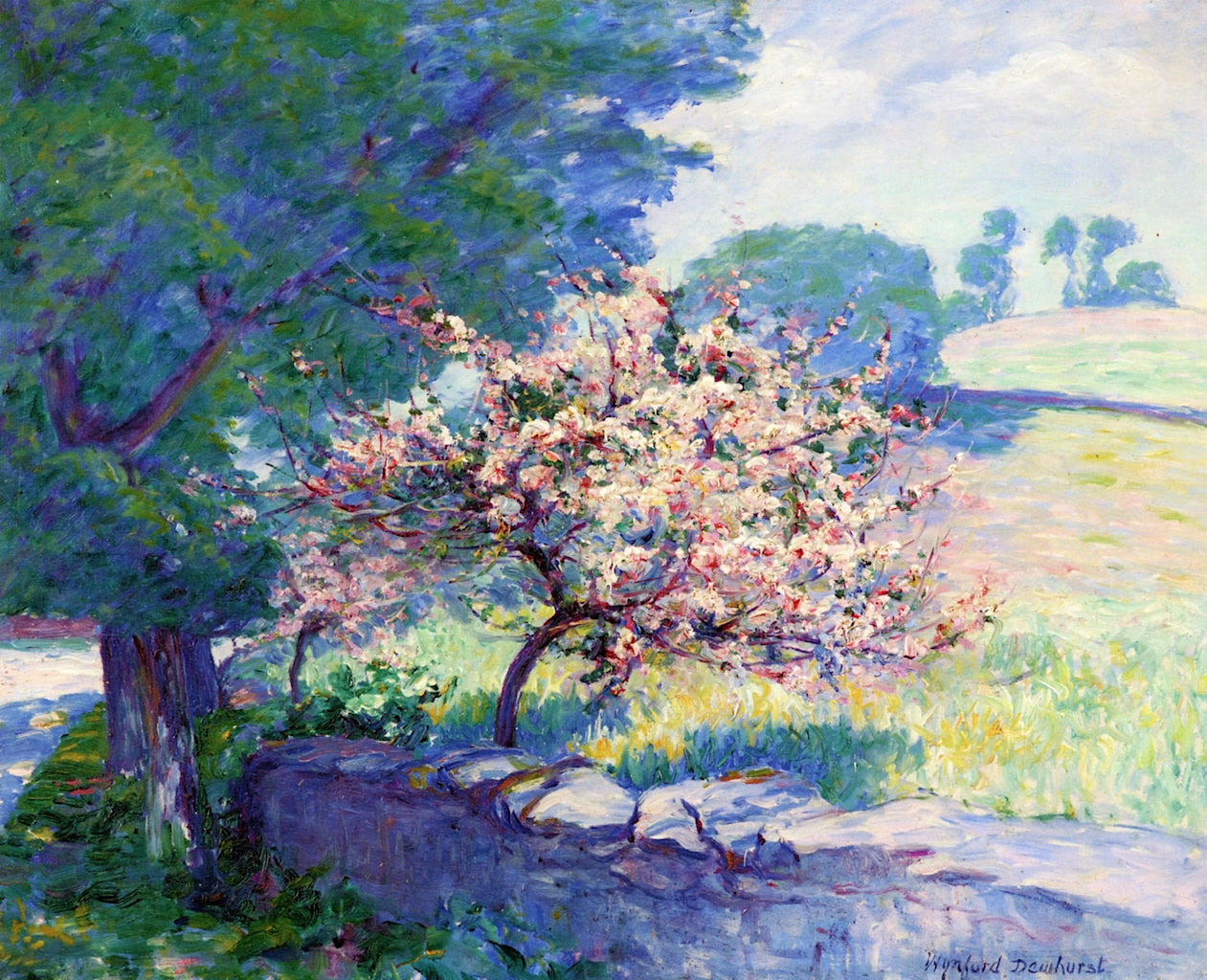 Blossom Overhanging Wall, vintage artwork by Wynford Dewhurst, 12x8" (A4) Poster